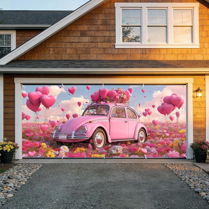 Pink Beetle Garage Door Banner Cover 7x16FT Waterproof – Love Car & Heart Balloons Backdrop with Floral,Indoor Outdoor Decor for Mother's Day,Wedding,Proposal & Photo Booth