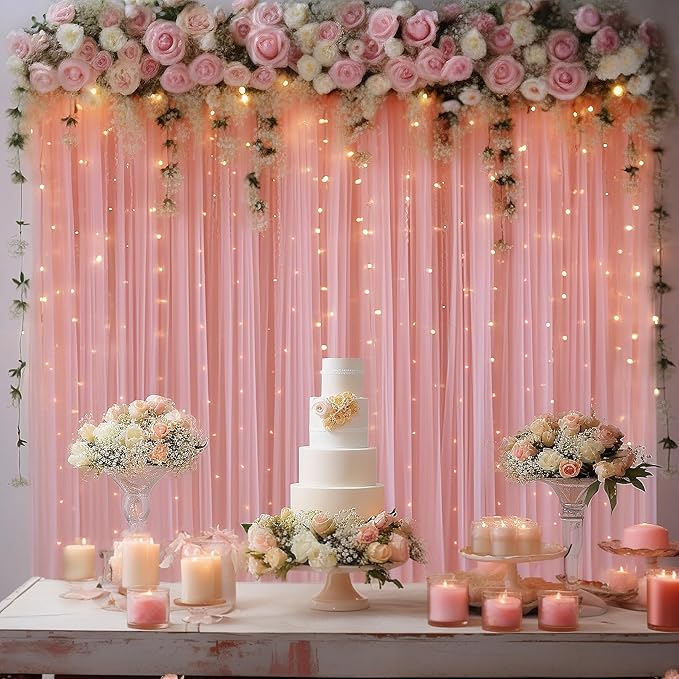 10x10ft Dusty Rose Tulle Backdrop Curtain with Lights String for Parites, Sheer Photo Backdrop Drapes for Wedding Baby Shower Bridal Shower Birthday Party Photo Shoot Background Decorations
