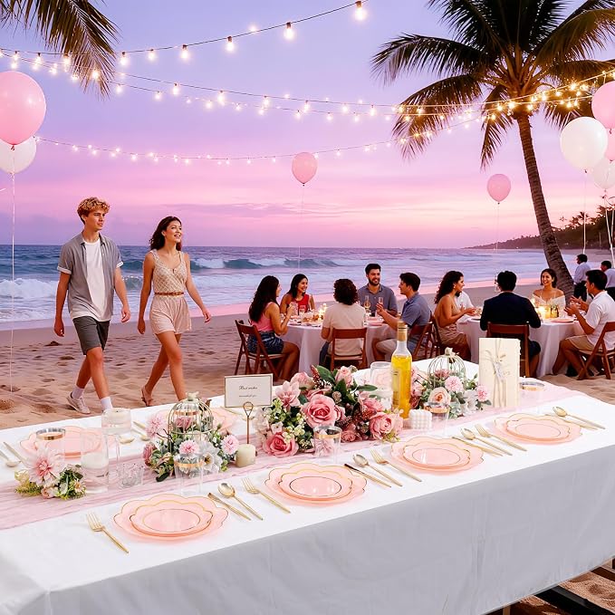 ejonirinjonir EI 180pcs Pink Plastic Plates with Gold Plastic Silverware,Heavy-Duty Disposable Plates for Party,White Dinnerware Set for 30 Guest Wedding,Birthday,Valentine's Day