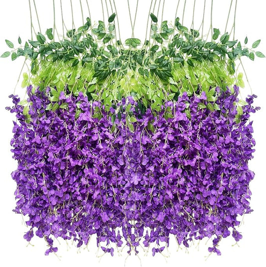 Artificial Flowers Hanging Flowers, Fake Garland Silk Vines Rattan String Decor for Home Wedding Arch Wall Garden Greenery Bedroom Outdoor Office Party Decoration (12, Purple)