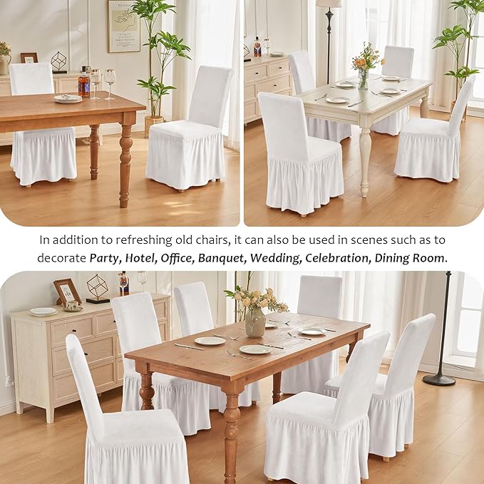 NICEEC Spandex Chair Covers for Dining Chairs Covers Set of 4 Removable Dining Room Chair Covers with Skirt Parson Chair Slipcovers Washable Chair Protector for Kitchen Wedding Party Banquet(White)