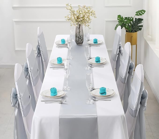 Horbaunal 12 Pack Silver Satin Table Runner 12 x 108 Inch, Smooth Table Runners for Wedding Banquets Birthday Party
