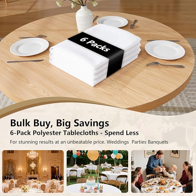 White Round Tablecloths 6-Pack, 90 Inches in Diameter | Reusable & Washable Table Cloths for 30-72 Inch Round Tables, Polyester Fabric Tablecloth for Wedding, Party, Banquet