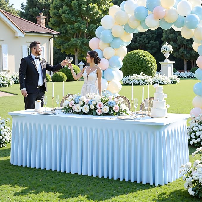 4 Pack Baby Blue Table Cloth for 8 Foot Rectangle Tables Spandex Fitted Tablecloth 8ft Stretch Table Covers Skirt Baby Blue Banquet Tablecloths Wrinkle Free Tablecloth for Party Wedding Birthday Event
