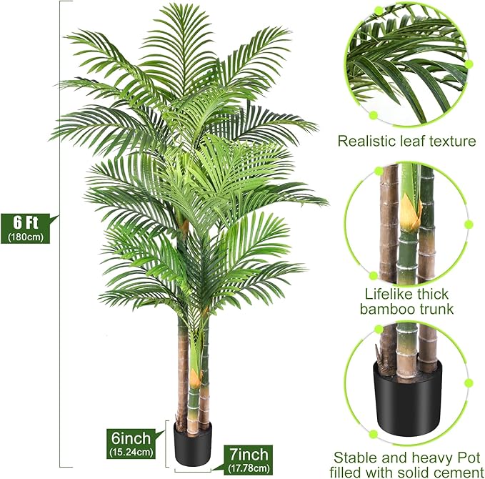 6ft Tall Triple Golden Cane Palm Artificial Tree Large Tropical Palm Tree UV Resistant Fake Plant in Pot for Indoor Outdoor Big House Living Room Outside Patio Office Home Decor 1Pack