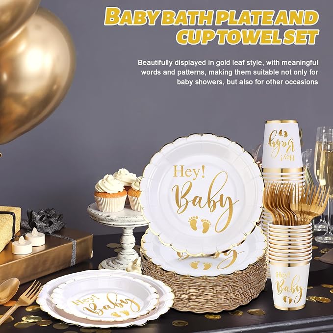 400 Pcs Baby Gender Reveal Plates and Cups and Napkins Sets with Forks Spoon Party Supplies Baby Shower Paper Tableware Gender Reveal Decorations Disposable Cutlery, Serves 50(Gold,Hey)