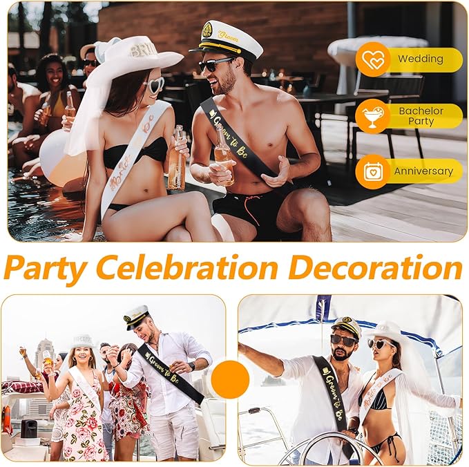 6 Pcs Bachelor Party Accessories White Bride Cowgirl Hat with Veil Groom Captain Hat Bride Groom to Be Sash Sunglasses for Bridal Wedding Shower Favor Bachelorette Decor Gift