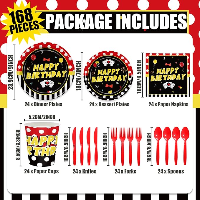 168Pcs Cartoon Mouse Birthday Decorations Red Cartoon Party Decorations Paper Plates and Napkins Tableware Kit for Boys Girls Red Mouse Theme Party Supplies