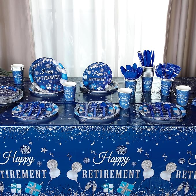 Funnymoom 452 Pcs Retirement Party Decorations Supplies Set Include Blue Silver Retirement Paper Plates Napkins Cups Tablecloth Cutlery Straws for Men Women Say Goodbye Party