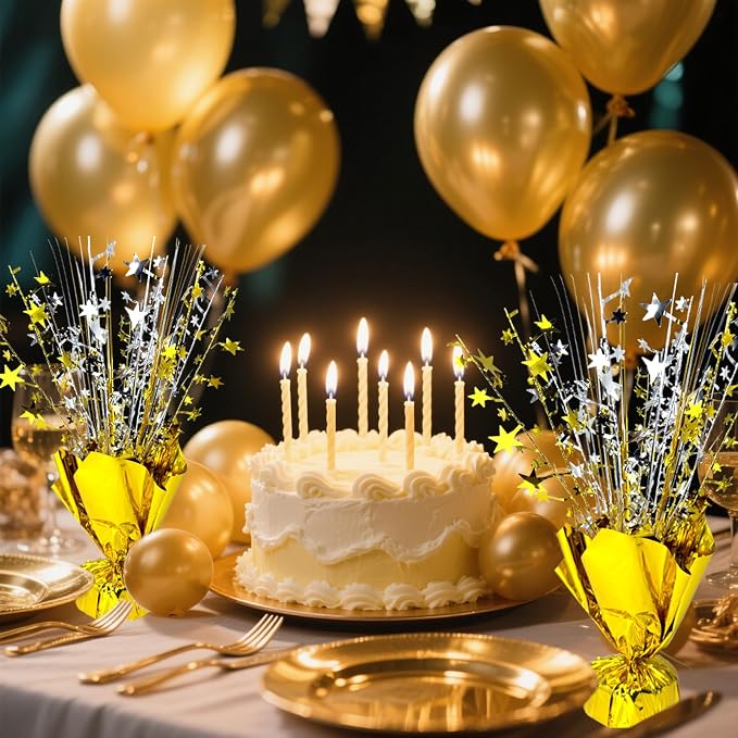 FUBININA 6 Pack Metallic Foil Spray Centerpiece Star Table Decoration Burst Table Centerpieces for Birthday Wedding Anniversary Graduation Holiday Party Supplies Decor, Gold Silver