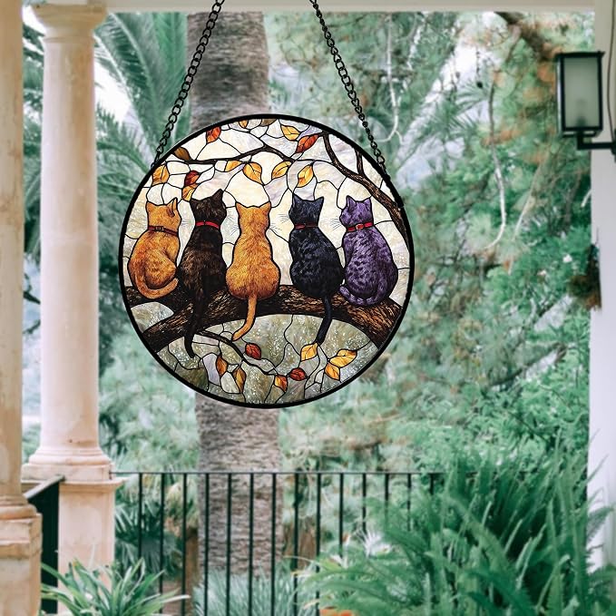 DASTOLL Stained Glass Window Hanging - 5 Cats on a Branch Suncatcher for Window Doors Home Decoration and Christmas, Mother's Day Father's Day Birthday Gifts for Women, Men, and Mom 6.3x6.3 in
