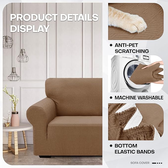 ZNSAYOTX 1 Piece Jacquard Chair Slipcovers for Living Room High Stretch Chair Covers with Arms Anti Slip Pets Friendly Couch Sofa Armchair Cover Furniture Protector (Small,New Pattern Light Coffee)