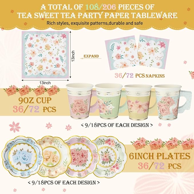 Yungyan 108 Pcs 36 Guest Tea Party Plates and Napkins Sets Floral Tea Party Supplies 6" Paper Plates, 9 oz Cups and Saucers Disposable Tableware Set for Birthday Wedding Bridal Shower Decorations