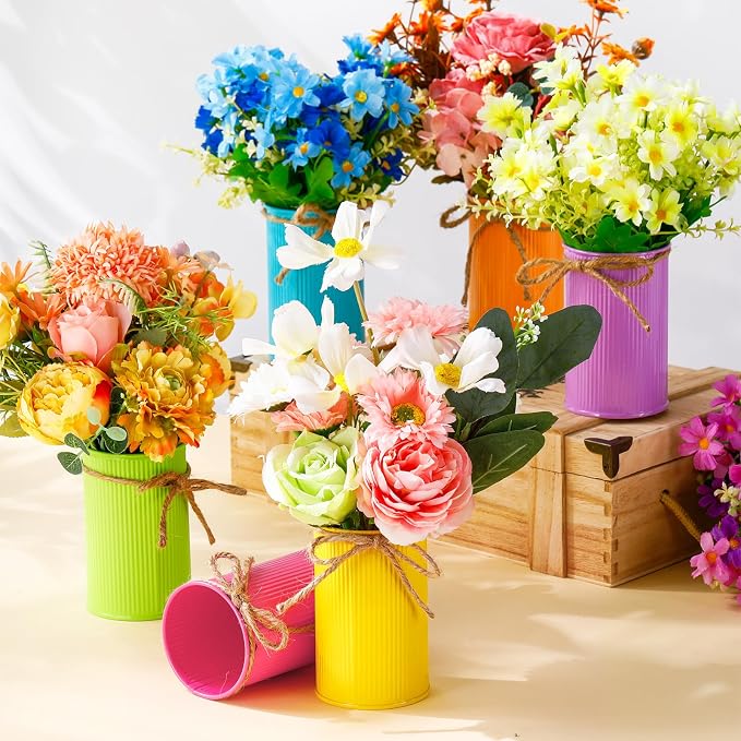 Rustic Vase for Table Centerpieces 4.33 Inch Small Petite Flower Vase with Twine Bow Vintage Farmhouse Decor for Wedding Reception Dining, Home Galvanized Metal Buckets(Multicolor,24 Pcs)