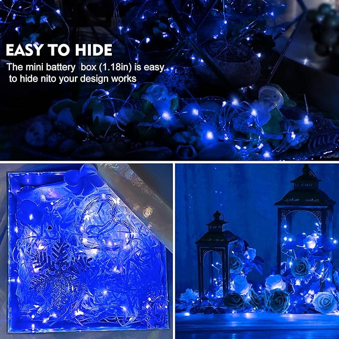 AIKEI 100 Pack LED Fairy Lights Battery Operated, Mini String Lights 3 Lighting Modes Waterproof 7 Feet 20 Led Firefly Starry Lamps for Wedding Party Bedroom Garden Halloween Christmas Decoration Blue