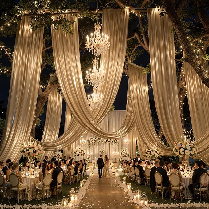 10ftx40ft Champagne Gold Ceiling Curtain for Wedding Parties – 2 Panels Wrinkle-Free 40 FT Long Tent Draping Curtains for Wedding, Birthday & Theme Parties, 40ft Height with Rod Pocket