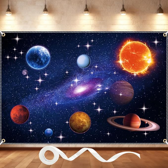 10x6.5FT Space Backdrop for Galaxy Theme Party – Extra Large Starry Universe Backdrop with Brass Grommets, Double Stitched Edges & Ribbon for Photo Booth, Wall Decor & Kids Birthday Photography