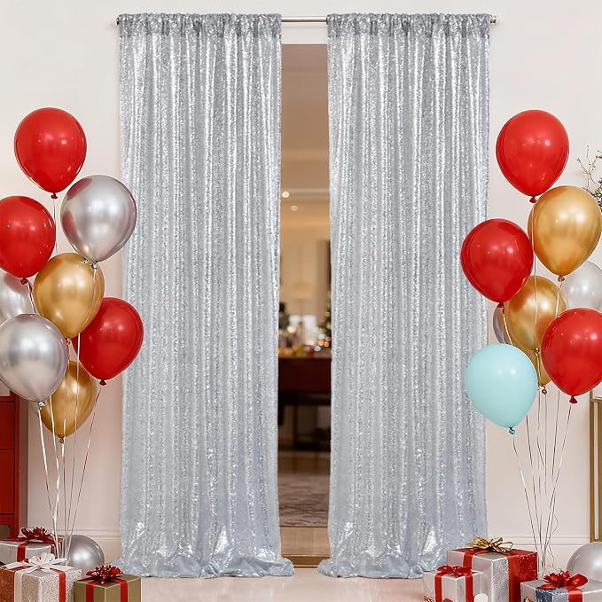 SquarePie 2 PCS 2x8ft Silver Sequin Backdrop Curtains, Satin-Backed Shimmering Photo Booth Background, 2 Panels Narrow Real Sequin Drapes with 4" Rod Pocket for Party, Baby Shower, Doorway Decor