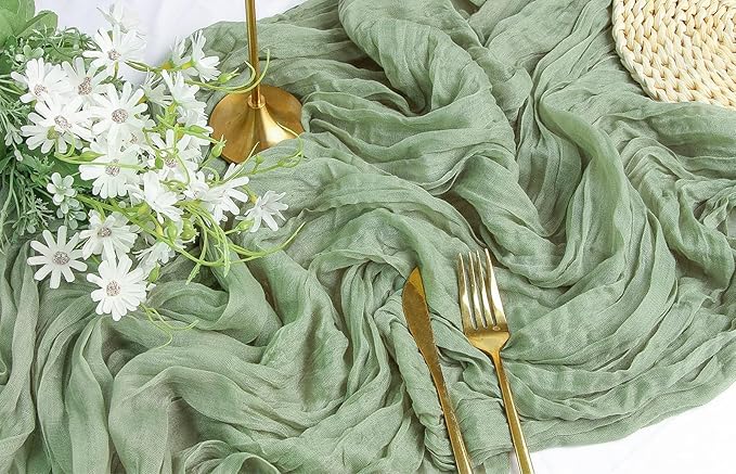 FEXIA 6 Pack Sage Green Table Runner 35x120 Inches for Baby Shower Decoration Gauze Rustic Table Runner for St. Patrick's Day Easter Wedding Party Centerpiece Engagement Bridal Shower Boho Decoration
