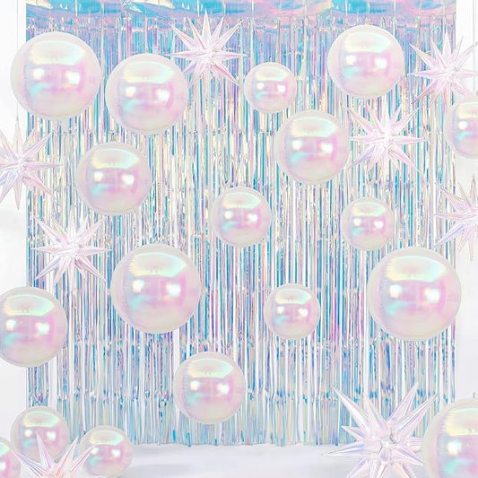 Seenelling 24 Pcs Mermaid Party Decoration Sets 22'' 4d Round Mirror Star Balloons Iridescent Dazzled Metallic Tinsel Foil Fringe Curtains for Ocean Sea Princess Wedding Birthday Disco Bachelorette
