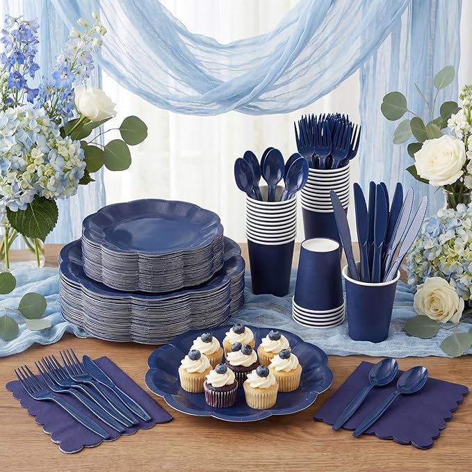 NatNarr 350 Pcs Navy Blue Plates and Napkins Set, 50 Guest Navy Blue Party Supplies Include 9" Graduation Plates & 7" Cake Plate Disposable Plastic Cutlery for Birthday Graduation Party Wedding