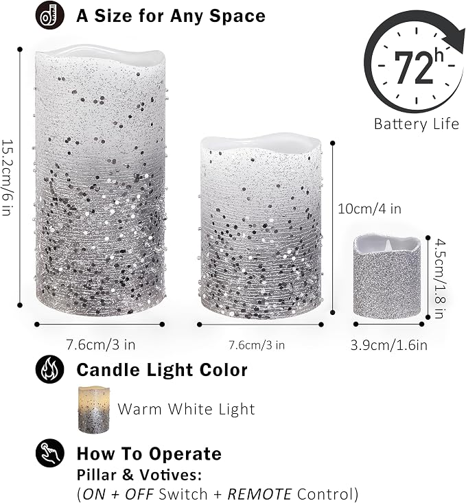 FURORA LIGHTING Silver Glitter LED Candles, 8-Pack Set with Remote & Timer | Includes 4 pillars and 4 votives. Creates a sleek, modern winter metallic ambiance perfect for elegant entertaining.
