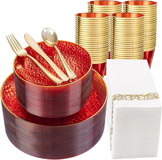 DaYammi 350PCS Clear Red Gold Plastic Dinnerware Set for 50 Guests, Hammered Disposable Plates for Party, Include: 50 Dinner Plates, 50 Dessert Plates, 150 Gold Silverware, 50 Napkins, 50 Cups