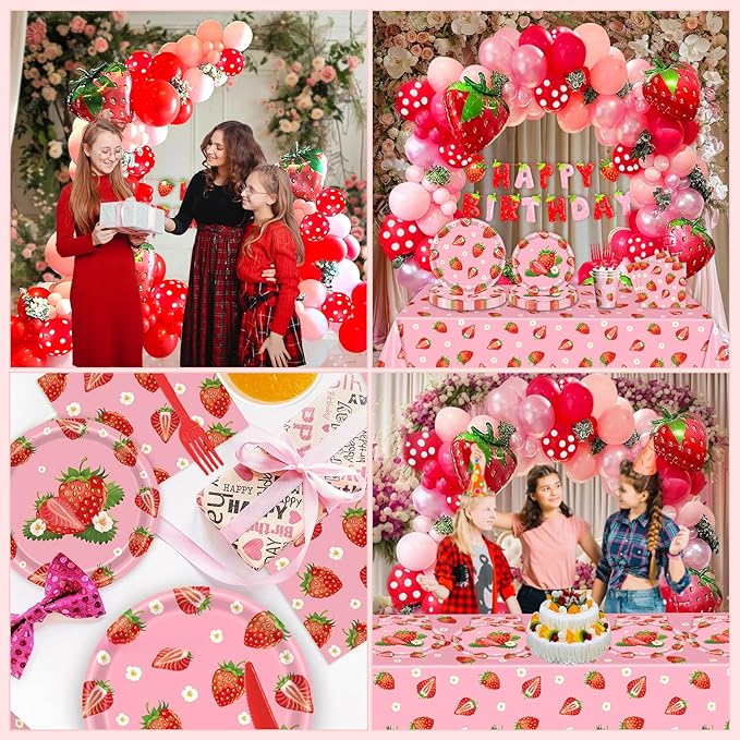 229Pcs Strawberry Birthday Party Decorations,Strawberry Party Supplies Balloon Arch,Strawberry Decor Tableware Set Plates Fork Cups Napkins and Tablecloth
