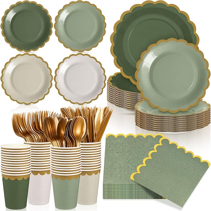 Mimorou 169 Pcs Sage Green Plates and Napkins Party Supplies for Guests Sage Green Tableware Include Scalloped Plates Paper Napkin Cup Spoon Fork Knife for Baby Shower, Wedding, Birthday