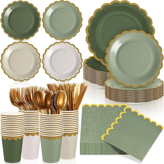 Mimorou 169 Pcs Sage Green Plates and Napkins Party Supplies for Guests Sage Green Tableware Include Scalloped Plates Paper Napkin Cup Spoon Fork Knife for Baby Shower, Wedding, Birthday