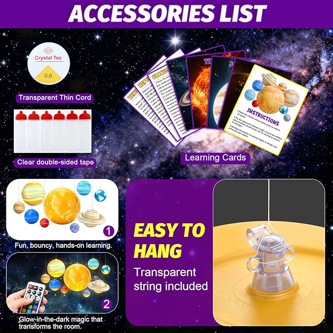 Inflatable Solar System Planets with LED Lights, 9 Hanging Planets with Remote Control, Space Themed Classroom Decor, Kids Room Decoration, Astronomy Science Display, Birthday Party Supplies