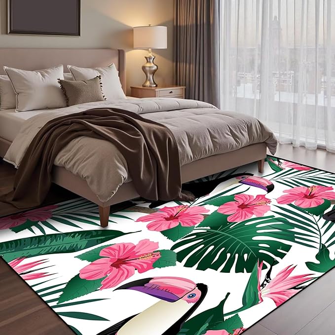 6' x 9' Jungle Living Room Rug Animal Floor Mat Botanical Woodland Floral Birds Carpet Indoor Dining Room Bedroom Porch Playroom Nursery Doormat Room Decor