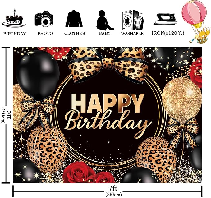 Leopard Print Bow Happy Birthday Backdrop 7Wx5H Feet Polyester Fabric Black Gold Red Rose Cheetah Print Bownot Decoration Cool Balloon for Women Girl Photography Background Photo Shoot Props