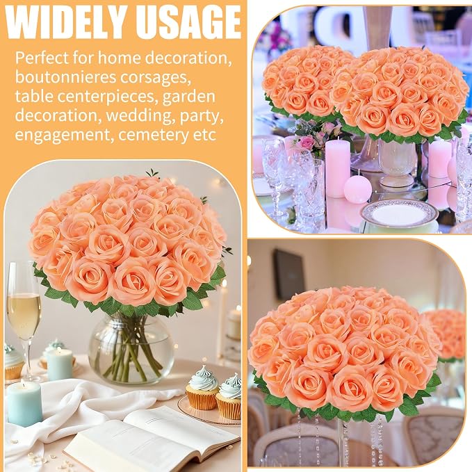 36 Pcs Peach Pink Artificial Roses with Long Stems, Fake Silk Rose Artificial Flowers Bulk for Bridal Wedding Bouquet Centerpiece Ball Arrangement Party Decor