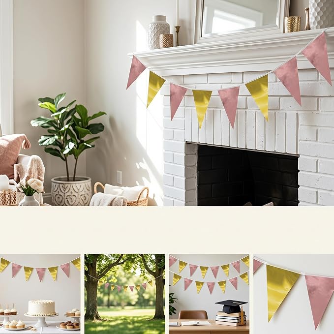 130FT Matte Rosegold LightGold Triangle Pennant Banner Flag Metallic Fabric Bunting Garland for Christmas Graduation Wedding Anniversary Bachelorette Birthday Bridal Shower Valentines Party Supplies