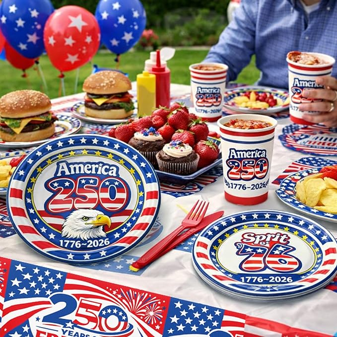 252 PCS 250th Anniversary USA Party Supplies – 1776–2026 Patriotic American Decorations, Serve 50 Guests, Includes Plates Cups Napkins Tablecloths Red Knives & Blue Forks for 4th of July -