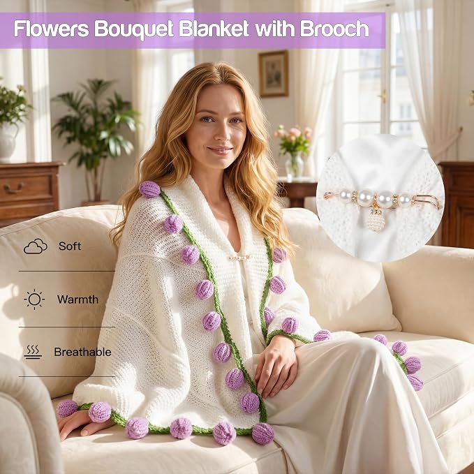 Mom Gifts for Mothers Day, Handmade Knitted Crochet Flower Bouquet Blanket, Birthday Gifts for Women, Anniversary, Wedding, Romantic Gifts for Wife Girlfriend Sister Friends, Throw Blanket, Home Decor