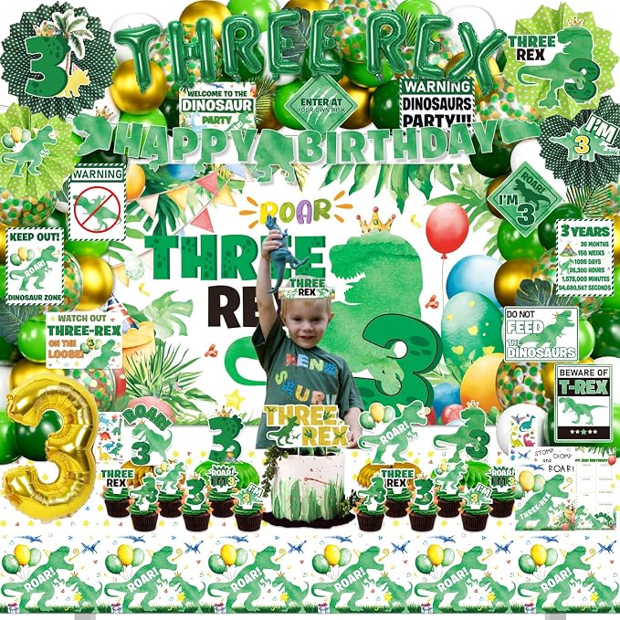 Dinosaur 3rd Birthday Decorations for Boys, 132Pcs Three Dino Rex Dinosaur Party Decor Supplies - Backdrop, Banner, Tablecloth, Centerpieces, Temporary Tattoos, Fans Pompoms, Wall Signs