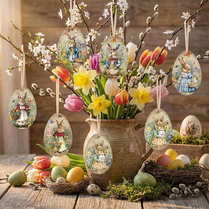 Outus 18 Pcs Easter Egg Ornaments Vintage Easter Egg Hanging Ornament Colorful Decorative Rabbit Hanging Ornaments for Tree Spring Farmhouse Home Fireplace Decoration Holiday Party Favors