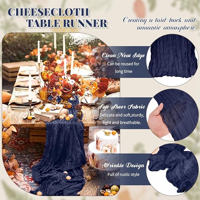 Pesonlook 24 Pack Cheesecloth Table Runner,Navy Blue Table Runner Long Romantic Semi Sheer Rustic Boho Gauze Table Runners for Wedding Bridal Shower Birthday Party Decorations(17.7×108 Inch)