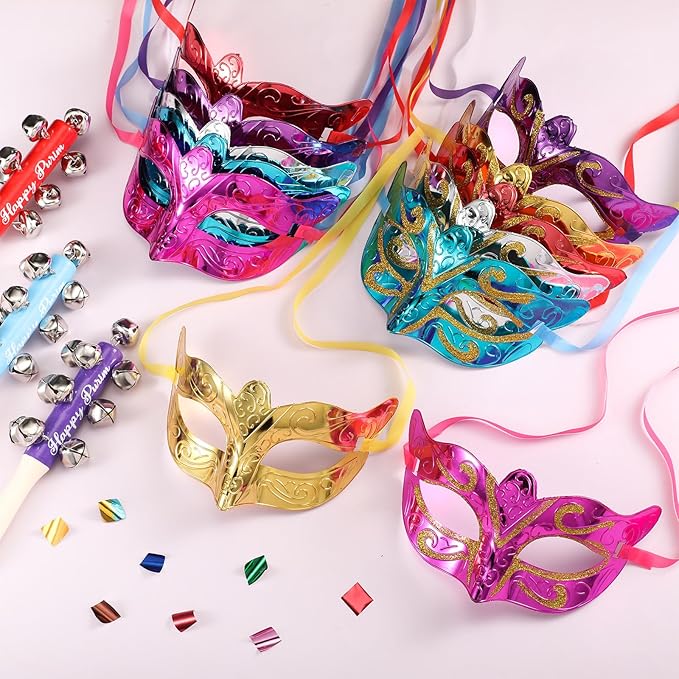 VioraWhite 60 Pack Multicolored Masquerade Mask Gold Shining Plated Mardi Gras Mask for Purim Mardi Gras Wedding Party