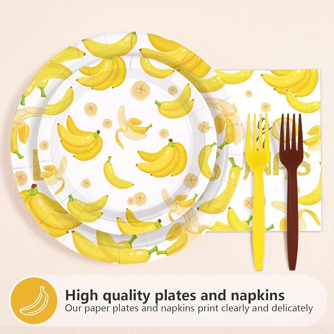96PCS Yellow Banana Party Supplies Gold Glitter Fruit Plates And Napkins Let's Go Bananas Dessert Plates for Fruit Birthday Baby Shower Party Decorations Serves 24