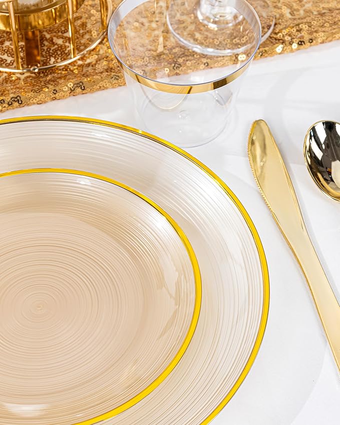 Morejoy 175PCS Clear Brown Plastic Plates - Disposable Gold Party Plates & Pre Rolled Napkins with Cutlery for 25 Guests, 50Plates, 75Silverware, 25Cups, 25Napkin for Party & Christmas