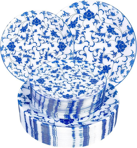 60 PCS Blue Plastic Plates - Blue Floral Plates - Disposable Decorative Plate Sets Include 30 Dinner & 30 Dessert Plate for Wedding Birthday Party Spring Supplies