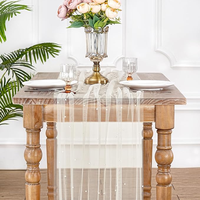 Pearl Beige Gauze Table Runner: 120 Inch 10FT Seasonal Sheer Dining Holiday Wedding Birthday Baby Shower Table Decor for Home Party