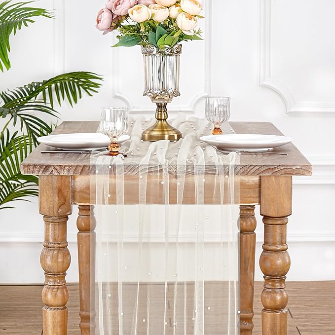 LuoluoHouse Pearl Tulle Table Runner Fabric: Beige 10ft Wedding Veil Seasonal Dessert Chiffon Pearl Lace Boho Overlay Wedding Aisle Runner Party Decorations Doilies 3pcs