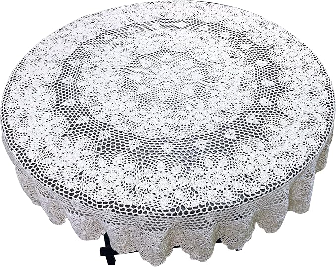 USTIDE 100% Cotton Lace Tablecloth Round White 70-inch Handmade Crochet Table Overlays Floral Design Table Covers