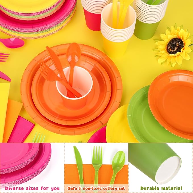 durony 350 Pieces Neon Party Supplies Paper Plates Serve 50 Guests 7 Inch 9 Inch Dinner Plates Napkins Paper Cups Cutlery Bright Color Disposable Glow Party Tableware for Fiesta Neon Birthday