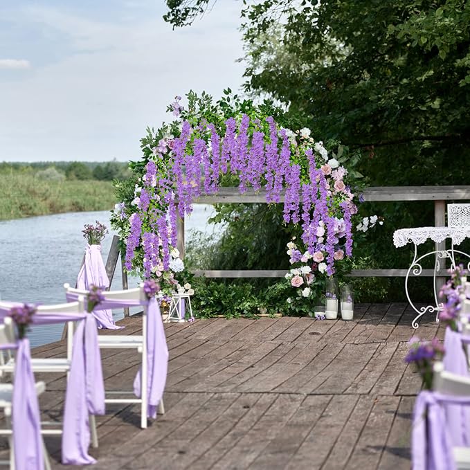 U'Artlines 12 Pack(Total 86.4 Feet) Artificial Fake Wisteria Vine Rattan Hanging Garland Silk Flowers String Home Party Wedding Decor (12, Purple)