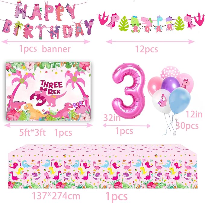 Pink Three Dino Rex Birthday Party Decorations Dinosaur 3rd Birthday Décorations Three inspired Rex Birthday Party Supplies include balloon backdrop knive fork spoon plate napkin cup tablecloth
